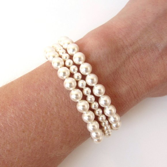 3 Strand Pearl Bracelet, White Pearl, Pearl Cuff Bracelet, Multi Strand - Picture 3 of 4